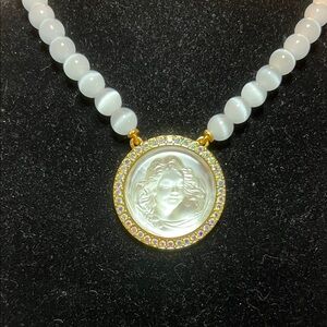 Mother-of-Pearl Cameo Necklace with White Beads- Kirk’s Folly Inspired 16”